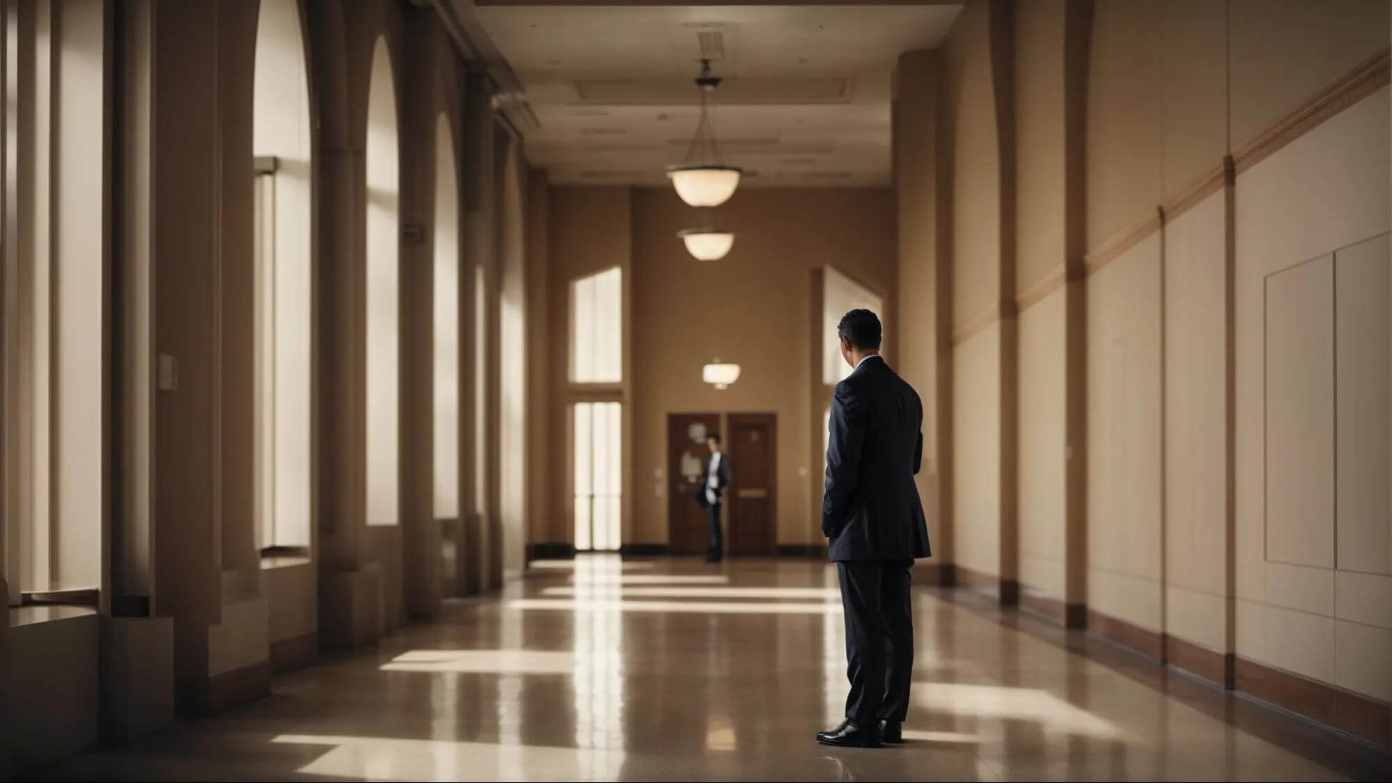 An attorney standing in the hallway of a court.