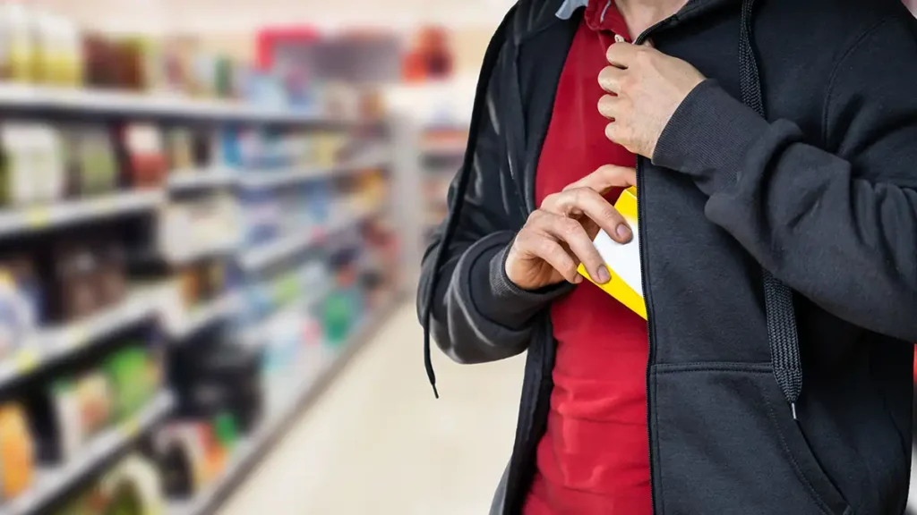 A man in a jacket puts a grocery store item inside his jacket that he plans to steal.