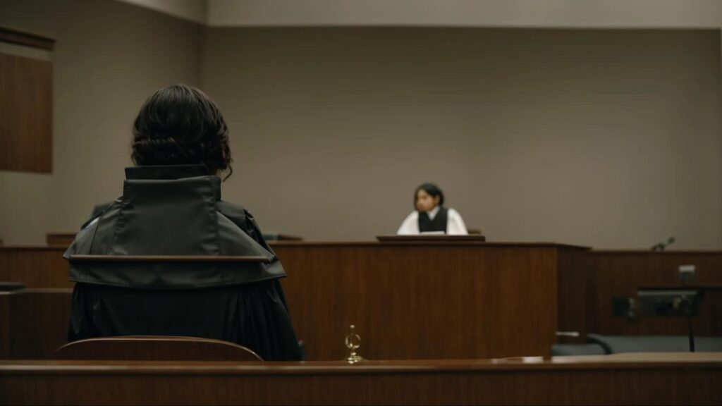 a courtroom with a judge's bench and a person holding a traffic ticket standing before it.